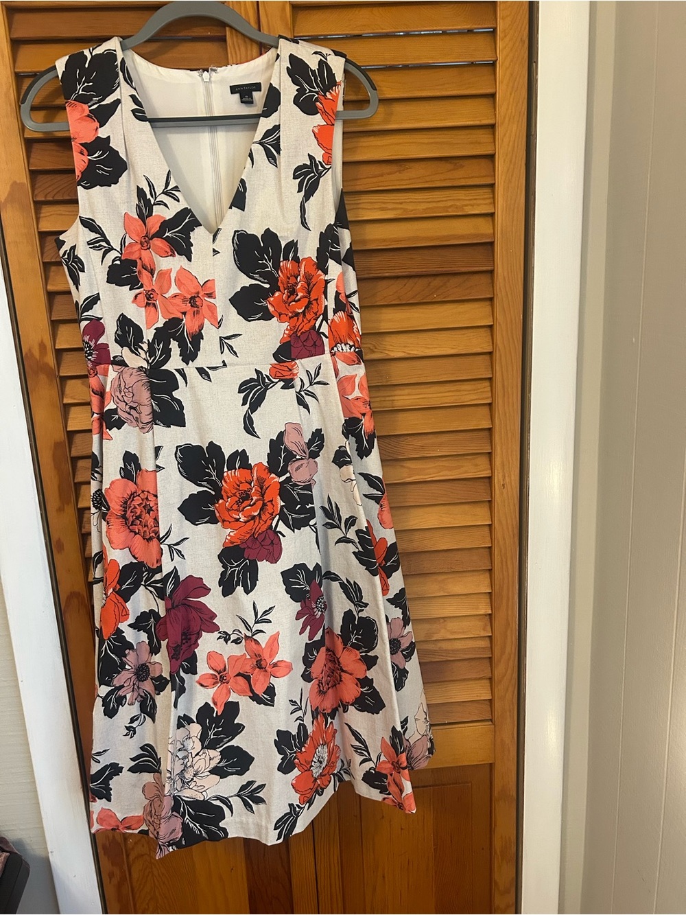 Ann Taylor Cream Midi Dress with Coral, Black & Mauve Floral Print